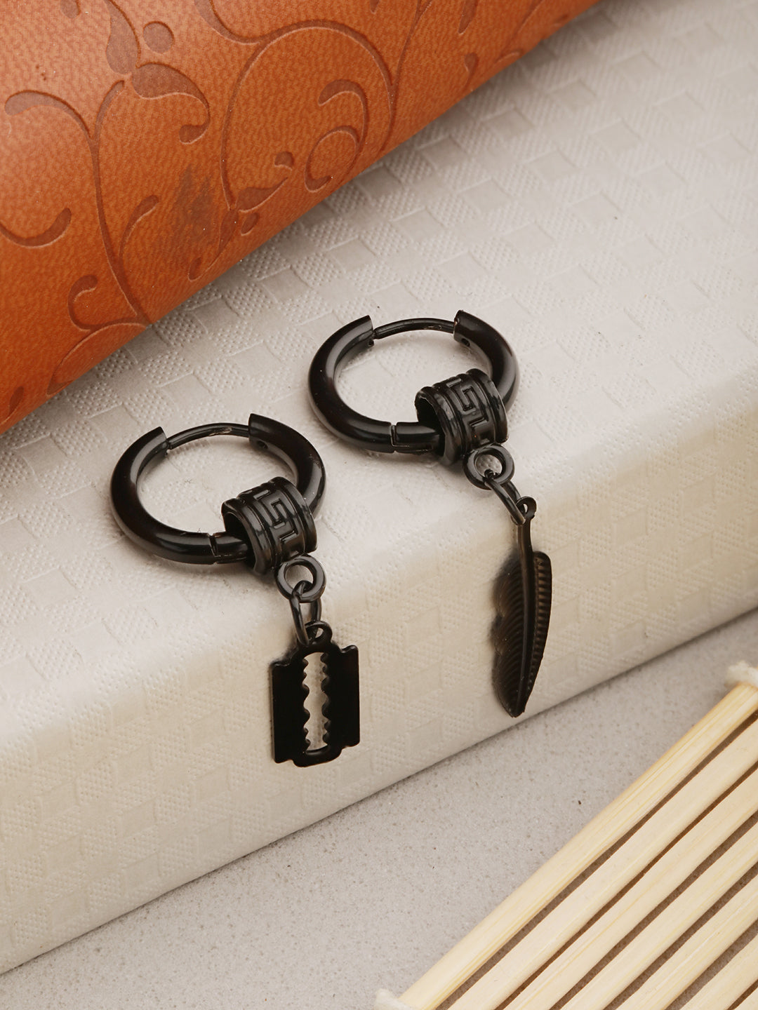 Jazz And Sizzle Set of 2 Mismatch Black Men Stainless Steel Hoop Earrings - Jazzandsizzle