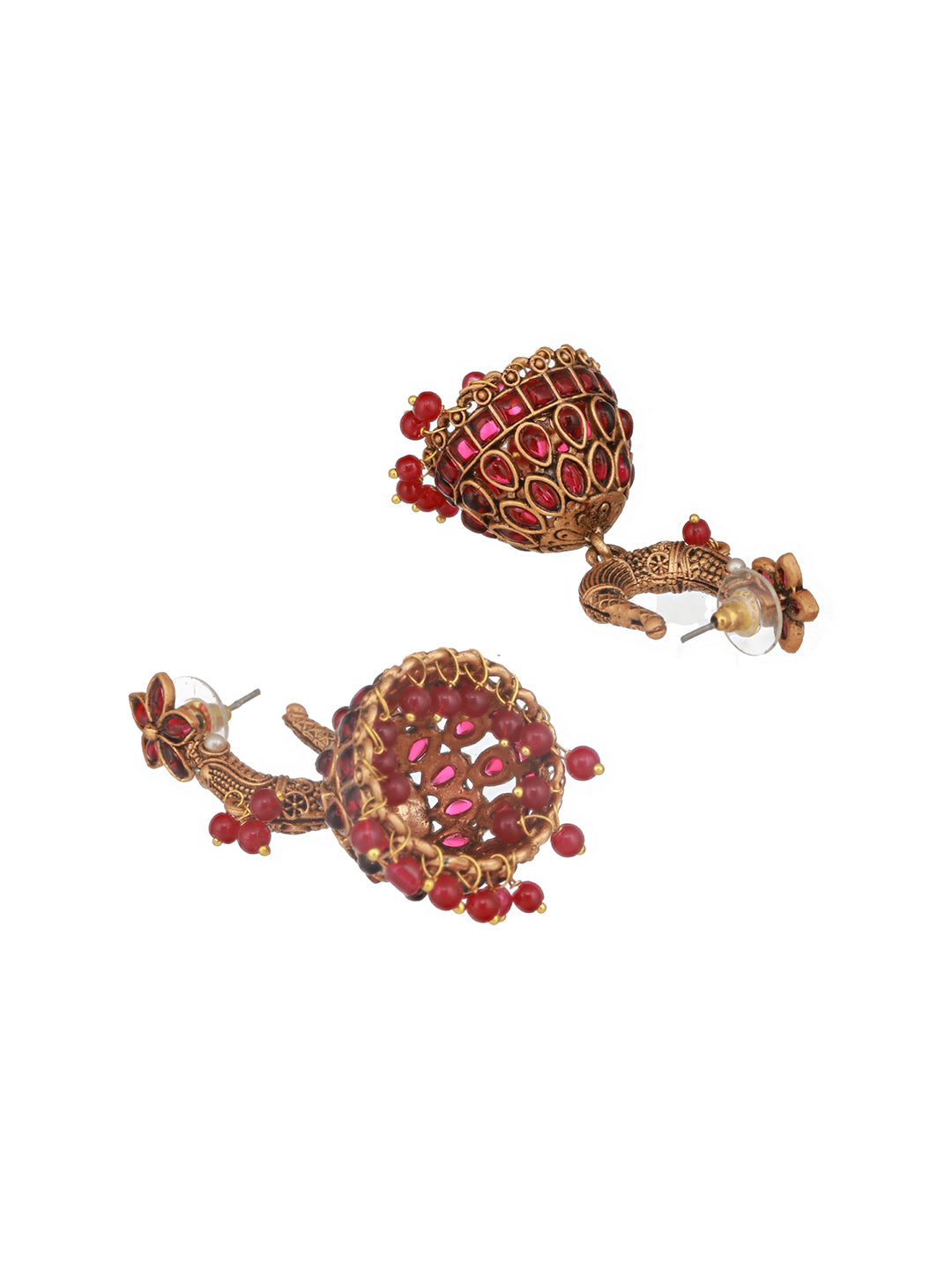 Jazz and Sizzle Gold-Plated Faux Ruby Studded Beads Beaded Dome Shaped Jhumka Earrings