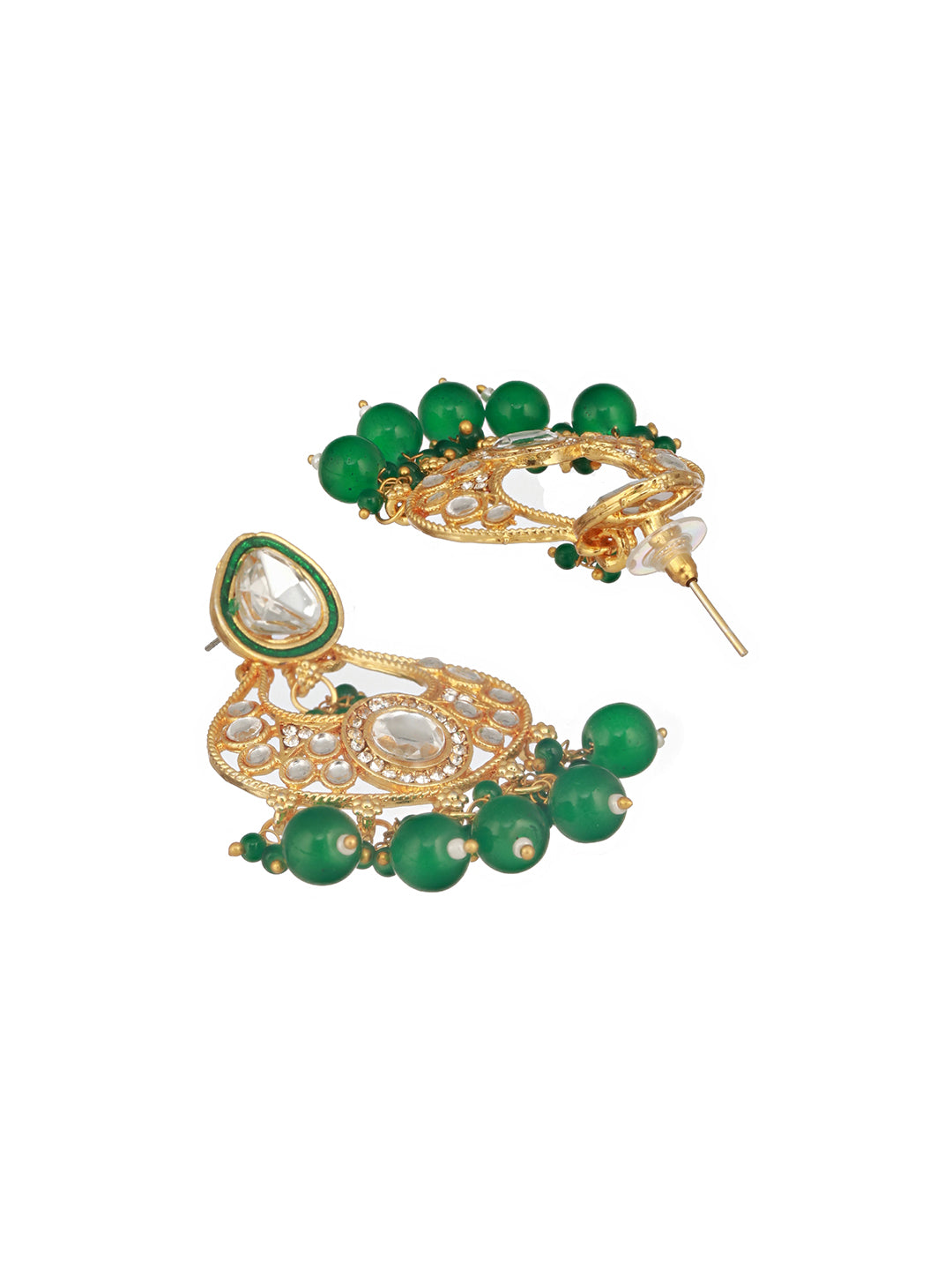 Gold-Plated Green & White Kundan-Studded & Beaded Handcrafted Jewelry Set With Maangtikka