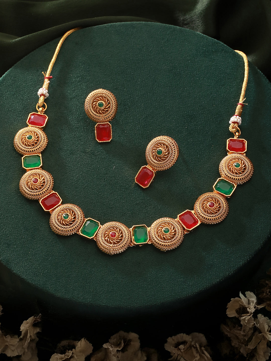 Jazz And Sizzle Gold-Plated Kundan-Studded Ruby & Green Stone Studded Necklace & Earrings Set (Copy)