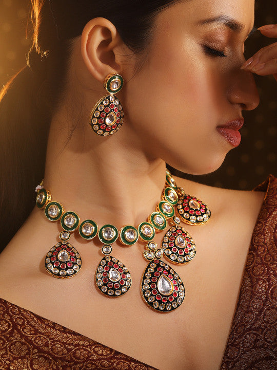 24K Gold-Plated Green & Black Enamel Border Ruby Pink & White Kundan Necklace Set