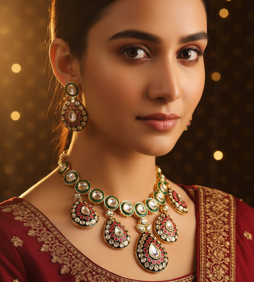 24K Gold-Plated Green & Black Enamel Border Ruby Pink & White Kundan Necklace Set