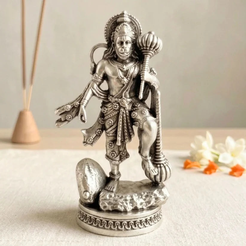 Hanuman Ji with Gada Idol | Strength, Protection & Spiritual Energy ( Silver Plated )