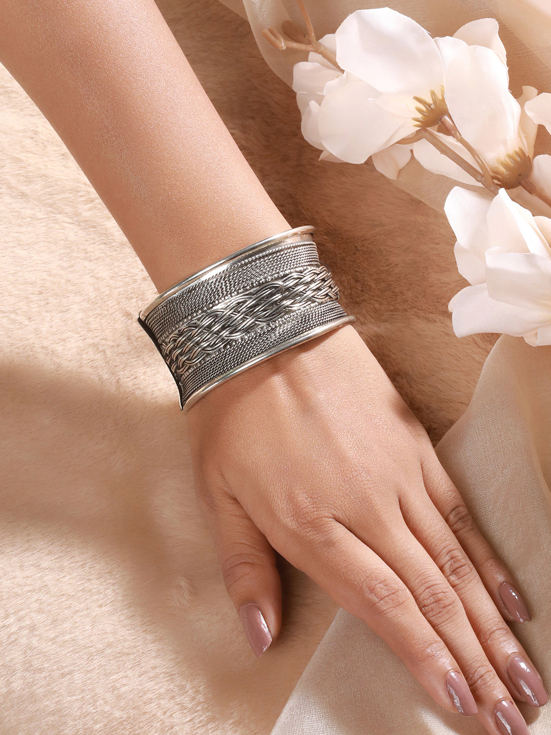 Women Silver-Plated Oxidised Cuff Bracelet - Jazzandsizzle