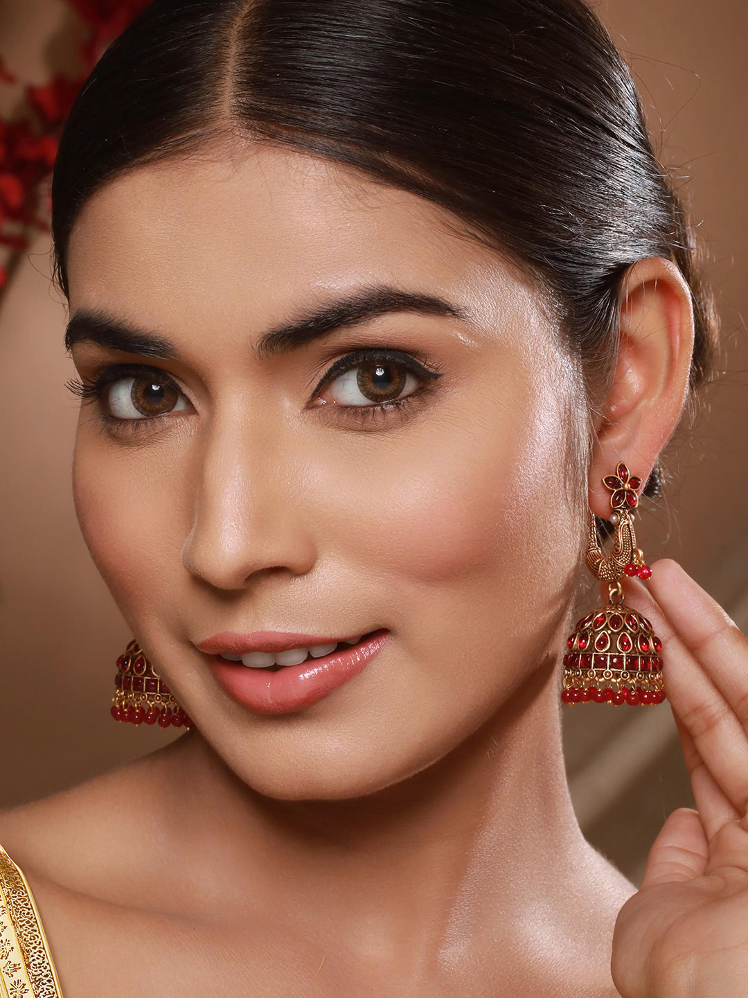 Jazz and Sizzle Gold-Plated Faux Ruby Studded Beads Beaded Dome Shaped Jhumka Earrings