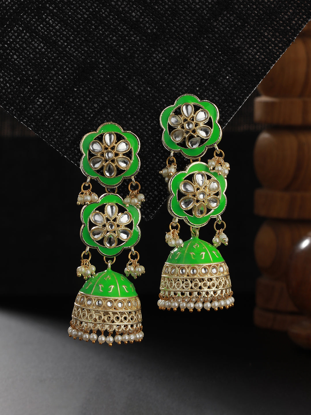 Green & White Meenakari & Kundan Ethnic Long Jhumka Earrings - Jazzandsizzle
