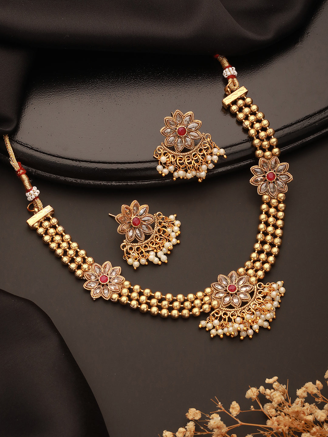 Jazz And Sizzle Gold-Plated Kundan-Studded & Ruby Red Pearls Beaded Necklace & Earrings Set