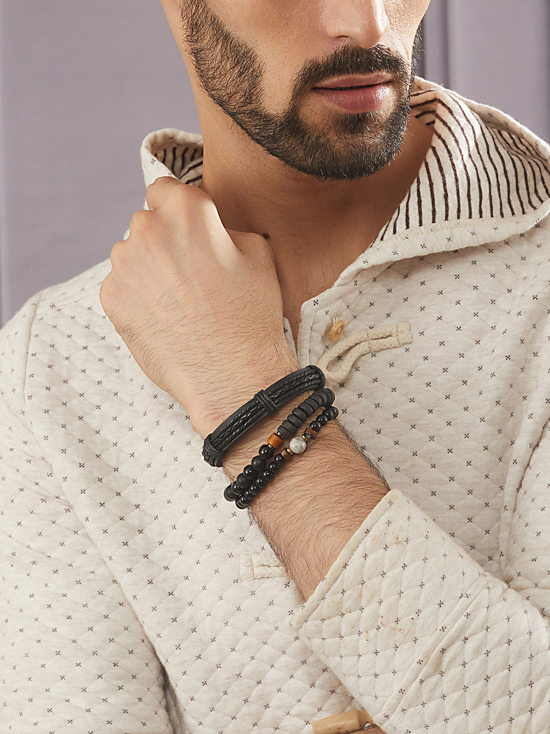 Jazz And Sizzle Men Set of 3 Black Beaded Elasticated & Leather Wraparound Bracelet