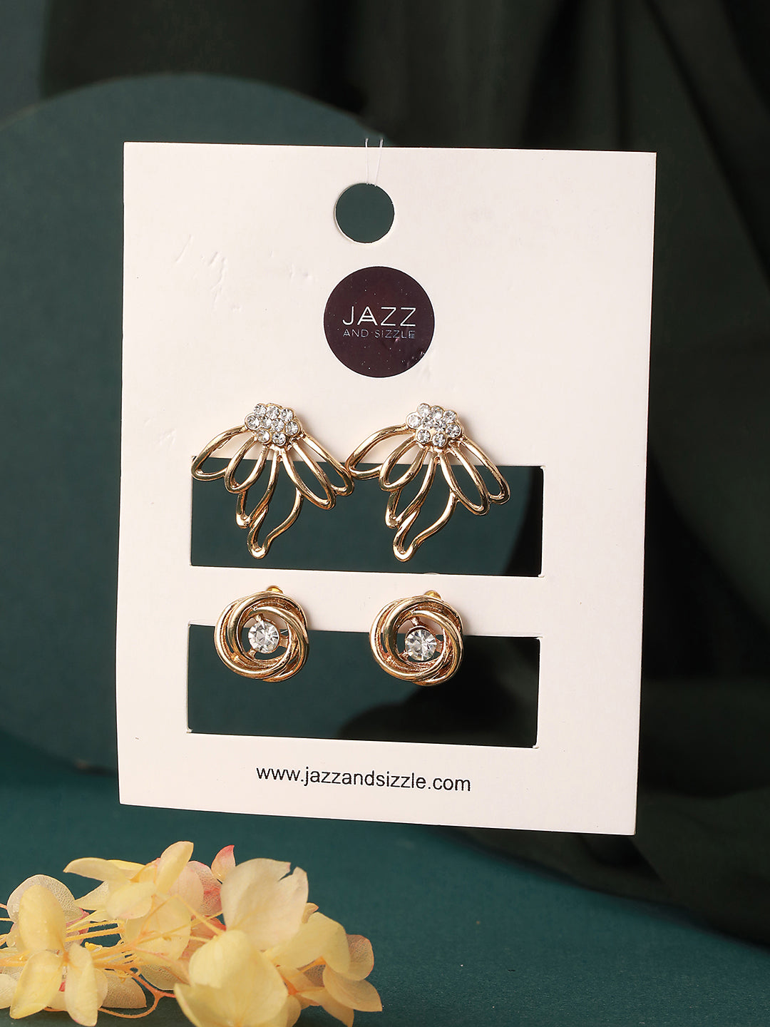 Set of 2 CZ Studded & Gold Plated Classic Stud Earrings - Jazzandsizzle