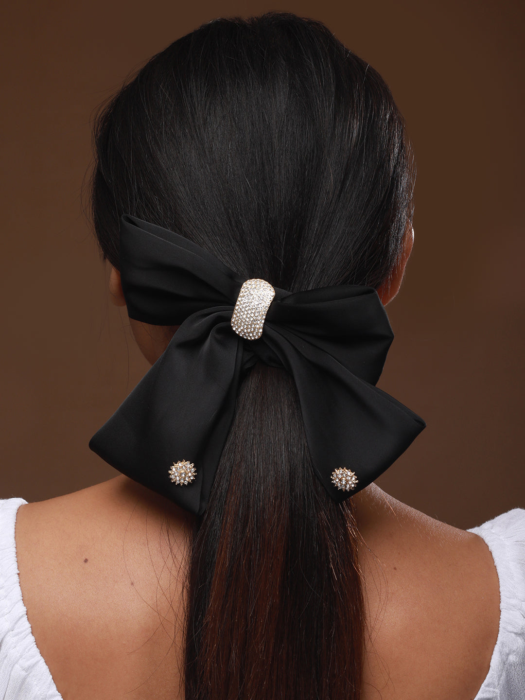 Women Black CZ Studded Embellished Ponytail Holder - Jazzandsizzle