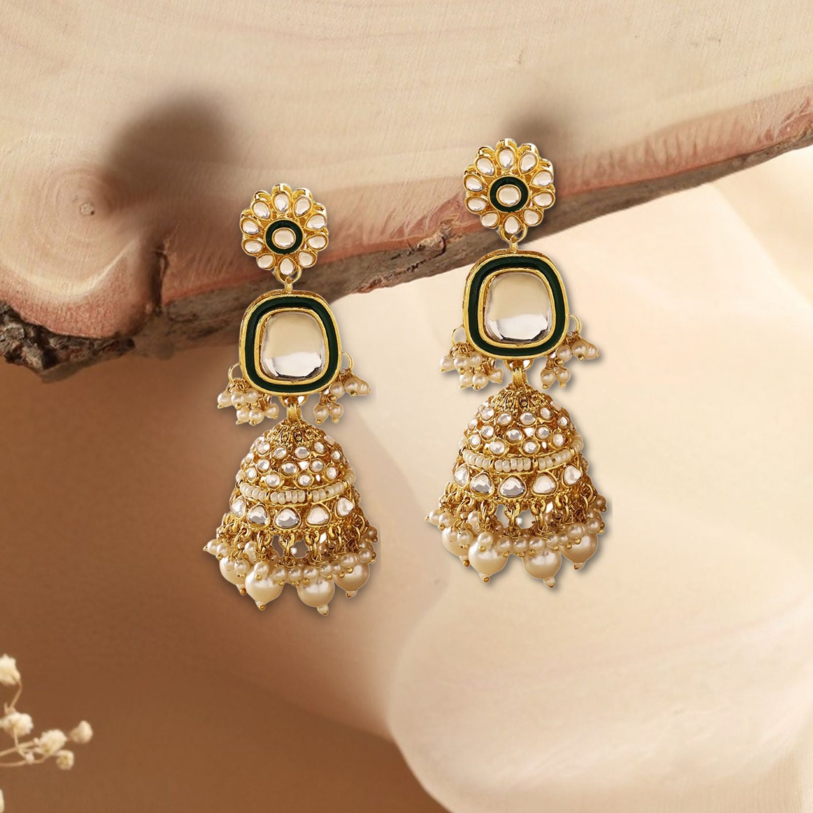 Jazz And Sizzle Gold Plated & Pearl Beaded Kundan Studded Minakari Jhumka Drop Earrings