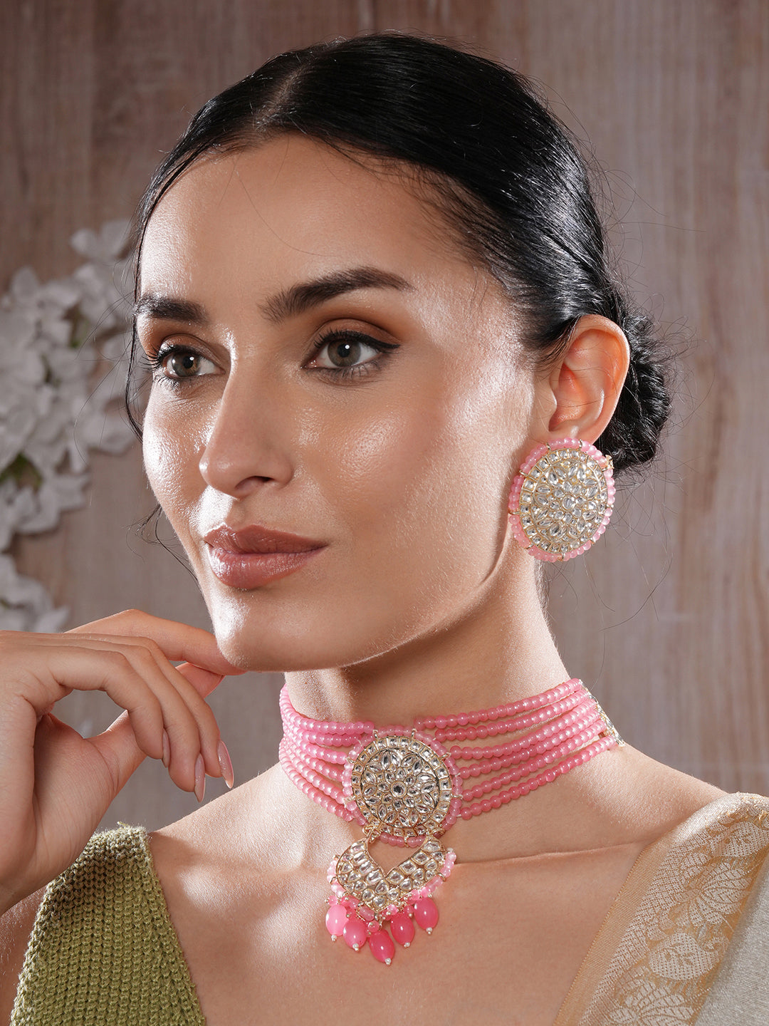 Jazz And Sizzle Gold-Plated Baby Pink Kundan-Studded & Beaded Necklace & Earrings Set