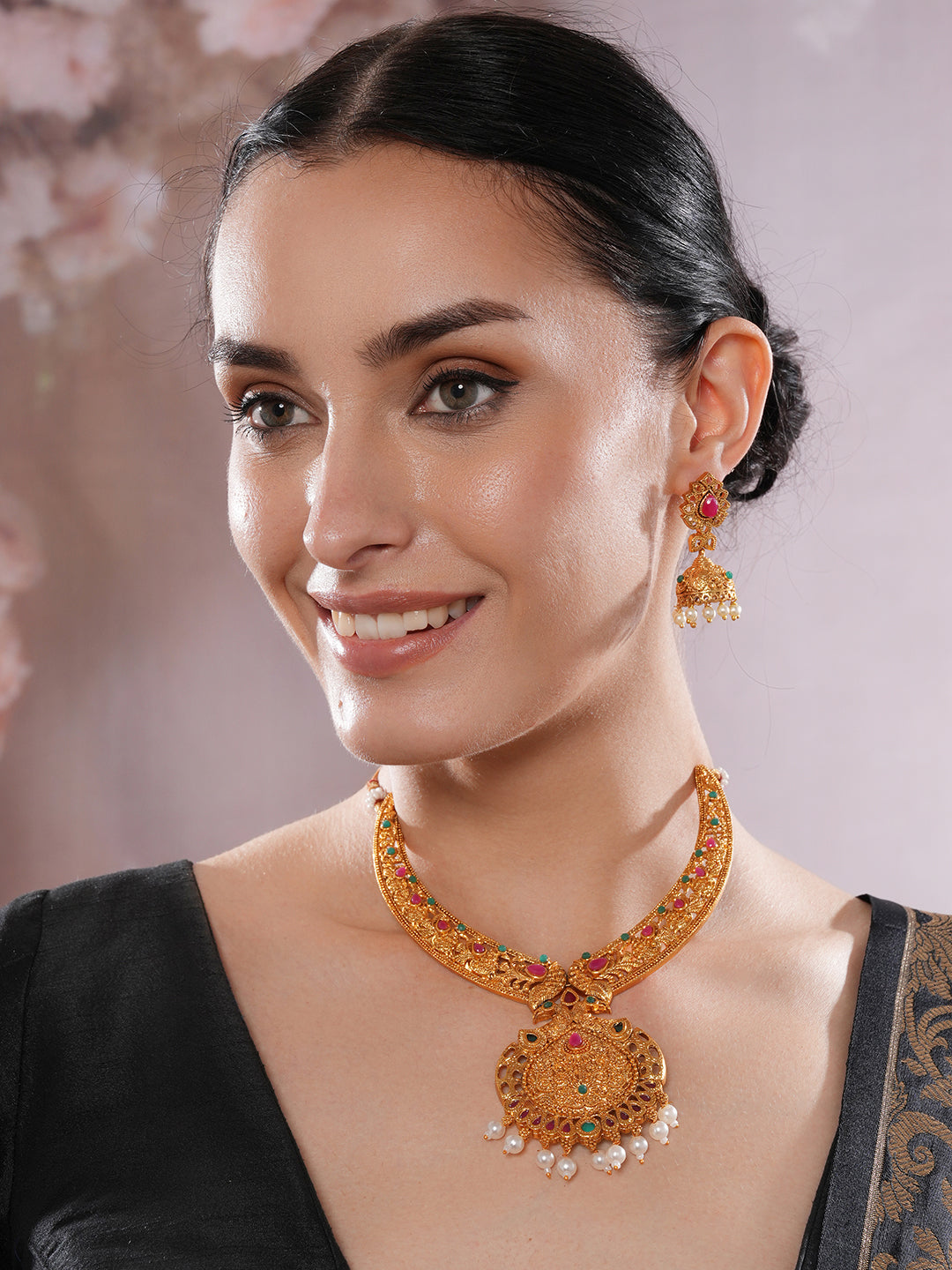 Jazz And Sizzle 22K Gold Plated Peacock Design Necklace Set with Matching Earrings