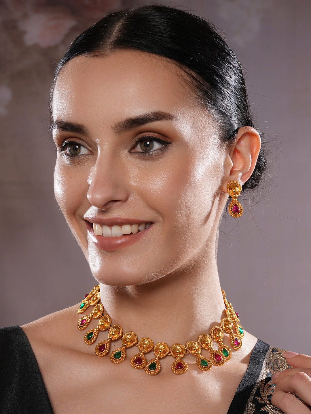 Jazz And Sizzle Gold Plated Artificial Stones Studded Antique Necklace & Earrings Set