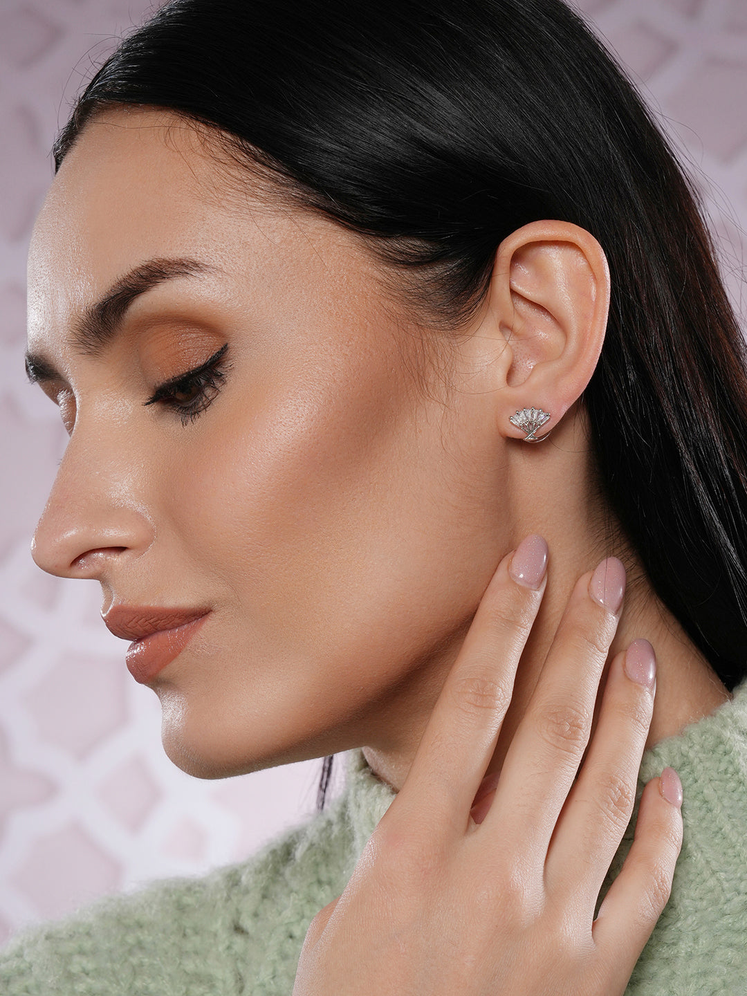 Jazz And Sizzle Silver-Toned Rhodium-Plated CZ-Studded Fan Shaped Stud Earrings