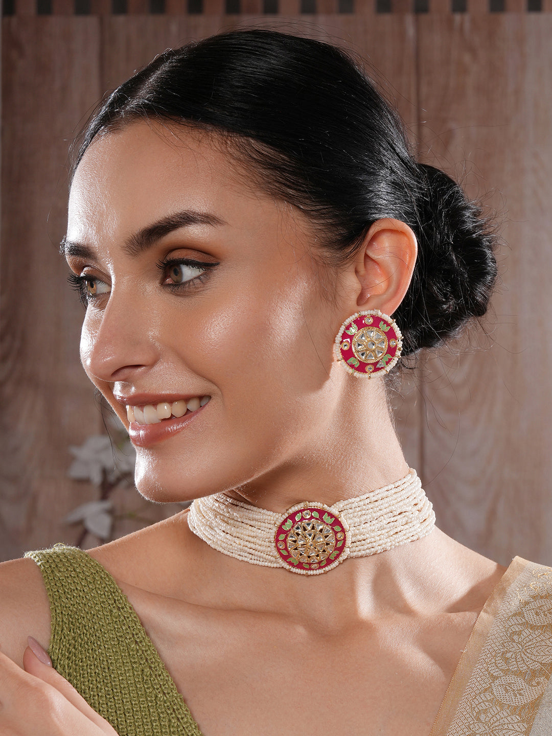 Jazz And Sizzle Gold-Plated Green & Pink Meenakari Work Floral Multistrand Jewellery Set