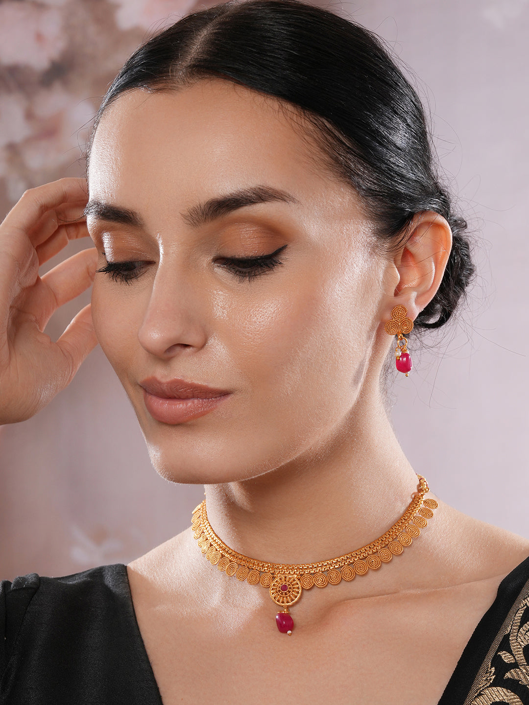 Jazz And Sizzle Gold-Plated Red Stone Studded- Spiral Necklace Set