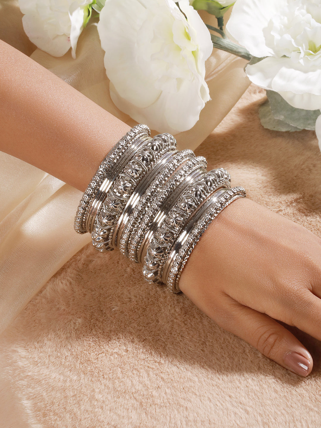 Set of 18 Silver-Plated Textured Oxidised Bangles Set - Jazzandsizzle