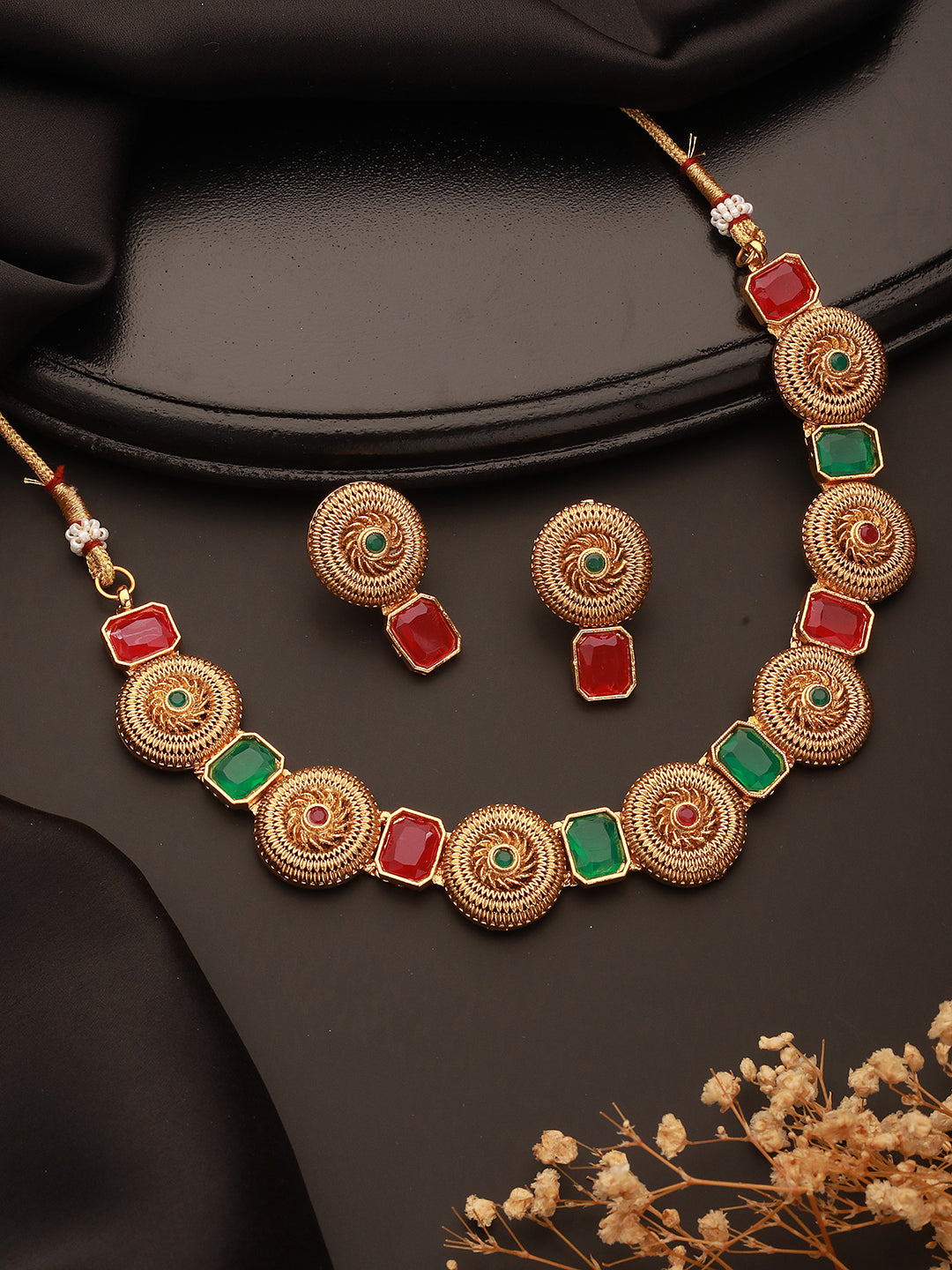 Jazz And Sizzle Gold-Plated Kundan-Studded Ruby & Green Stone Studded Necklace & Earrings Set (Copy)