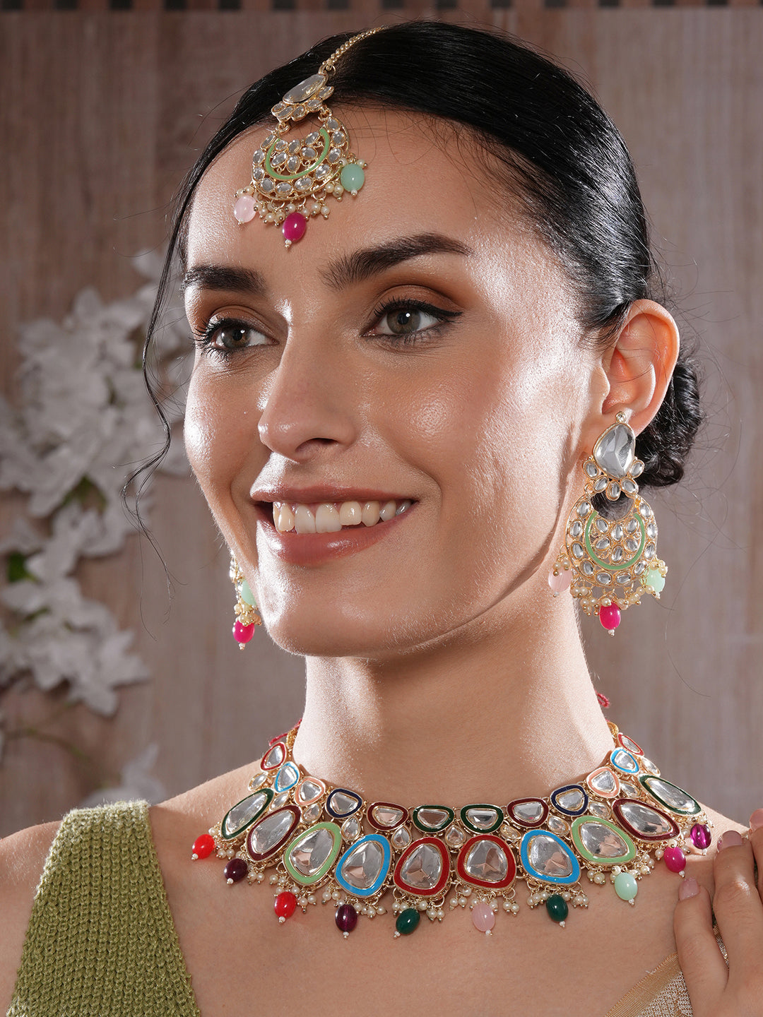 Jazz And Sizzle Gold-Plated Multicoloured Stone Studded Jewellery Set With Maangtikka