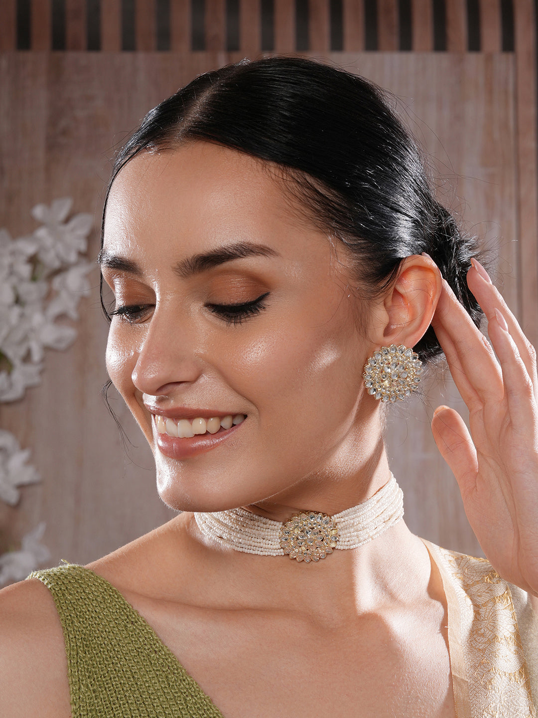Jazz And Sizzle Gold-Plated Kundan-Studded & Beaded White Floral Necklace & Earrings Set