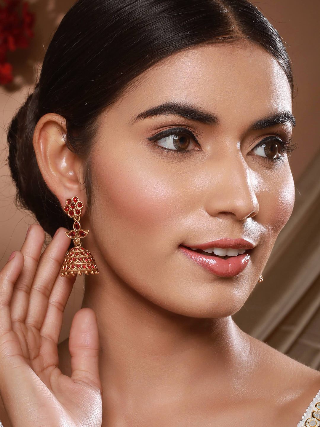 Jazz And Sizzle Gold-Plated Faux Ruby Studded Beads Beaded Floral Shaped Jhumka Earrings