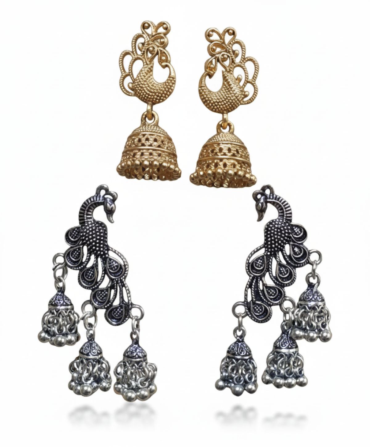 Jazz And Sizzle Set of 2 Oxidized Silver & Gold Plated Peacock Shaped Jhumka Drop Earrings