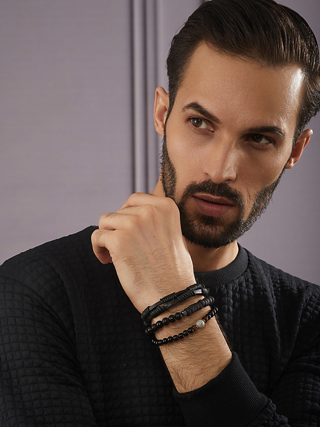 Jazz And Sizzle Men Set of 3 Black Beaded Elasticated & Leather Wraparound Bracelet