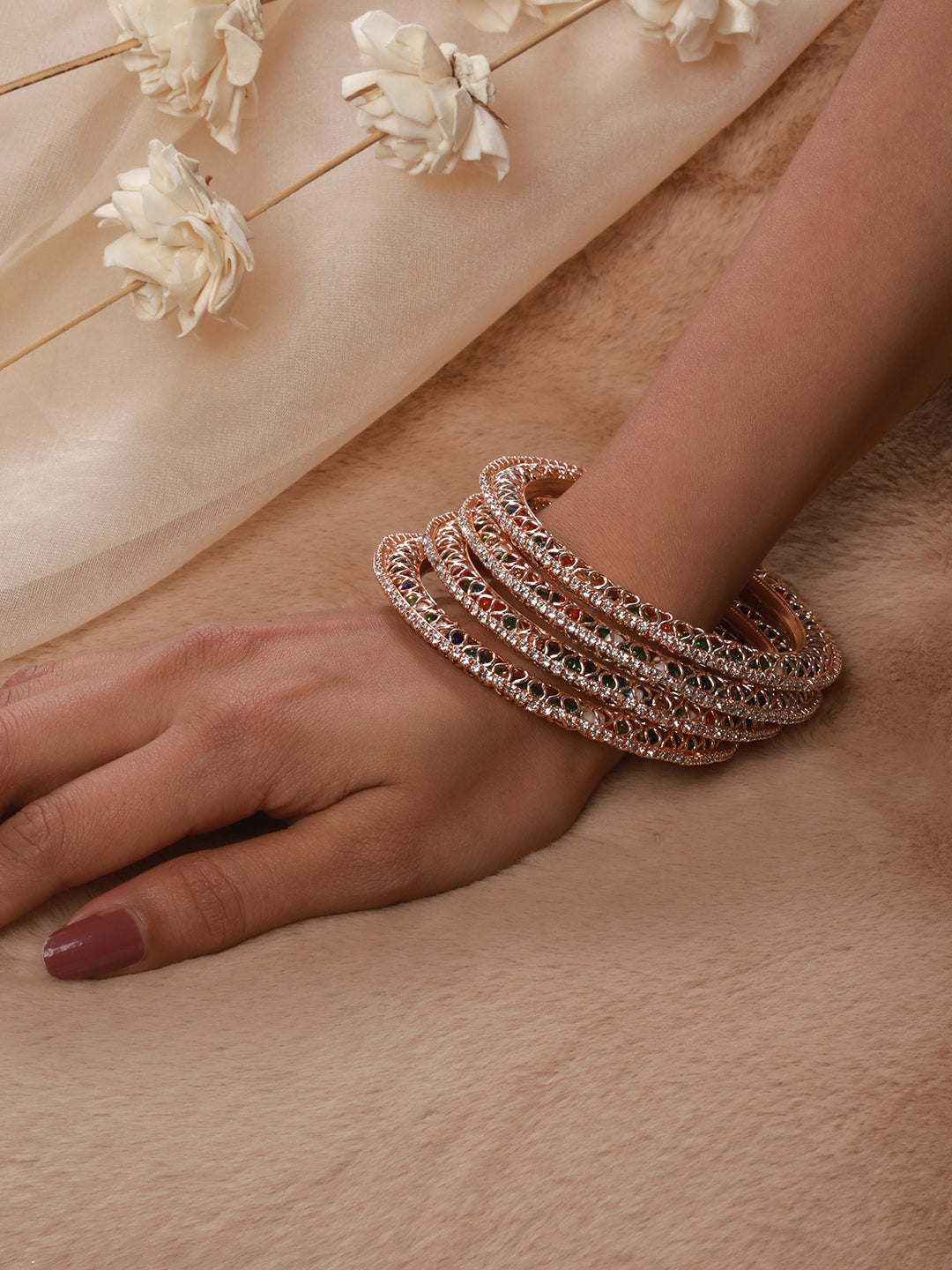Set Of 4 Rose Gold Plated Stone-Studded Crystal-Beaded Bangles - Jazzandsizzle
