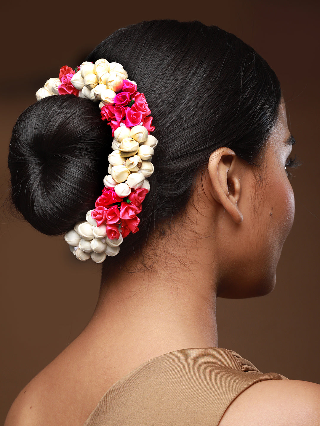 Women Pink Rose & White Mogra Artificial Flower Gajra Floral Hair Bun - Jazzandsizzle