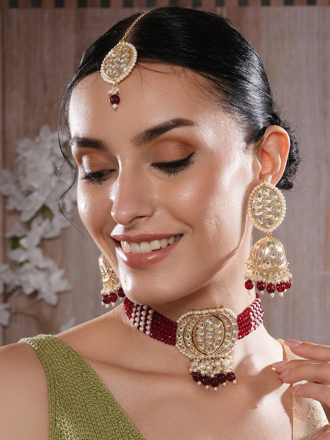 Jazz And Sizzle Gold-Plated Kundan-Studded & Beaded Maroon Necklace & Earrings Set with Maangtikka