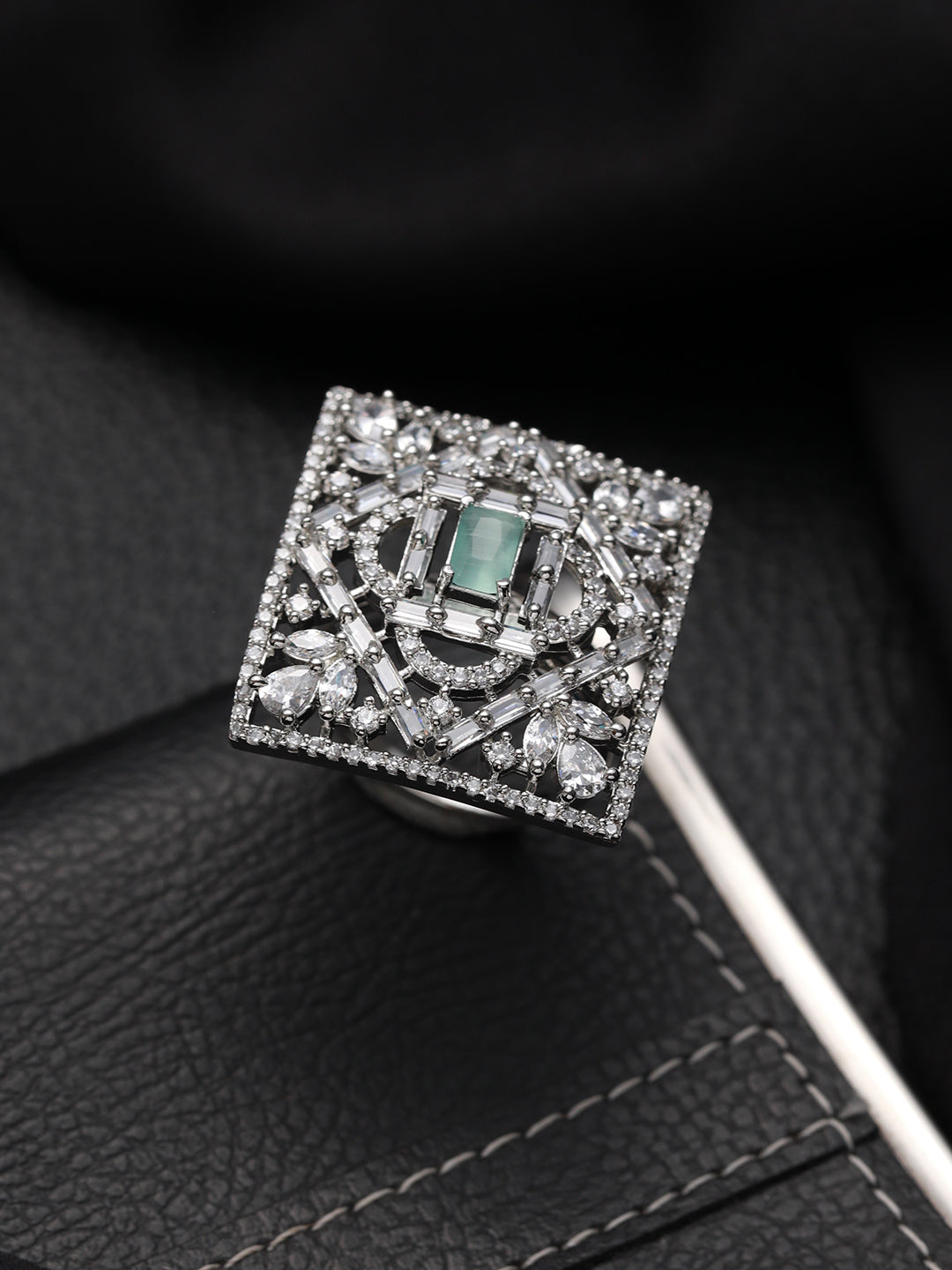 Silver-Plated Mint Green AD-Studded Handcrafted Adjustable Finger Ring - Jazzandsizzle