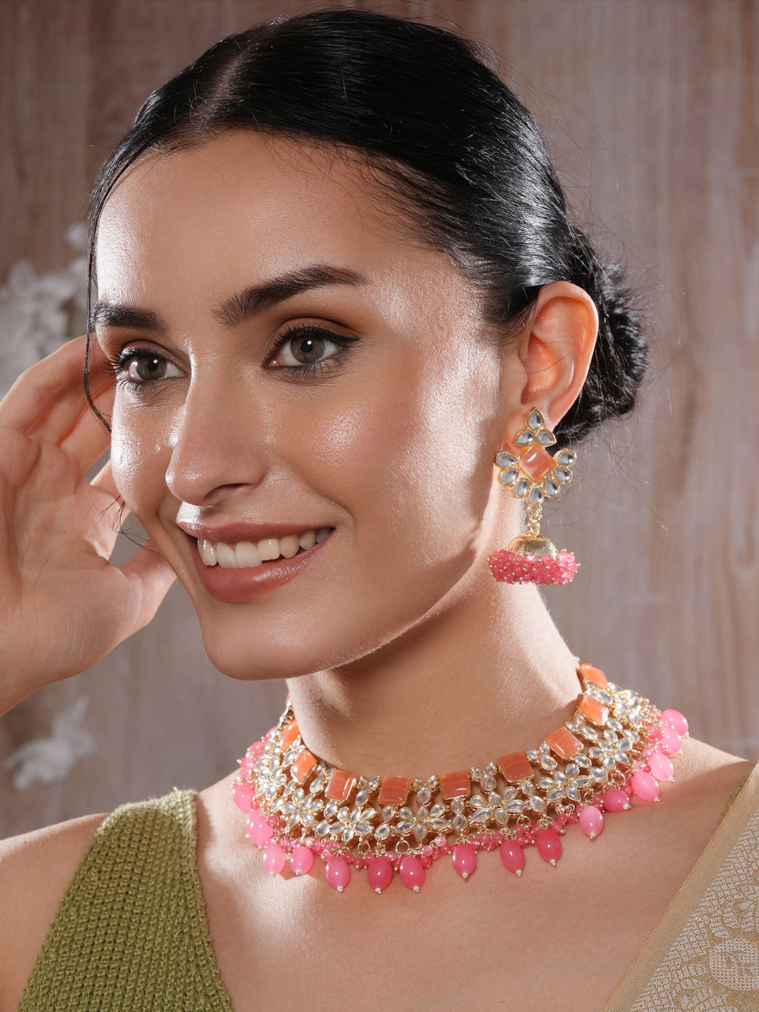 Jazz And Sizzle Gold-Plated Peach Pink Kundan-Studded & Beaded Necklace & Earrings Set