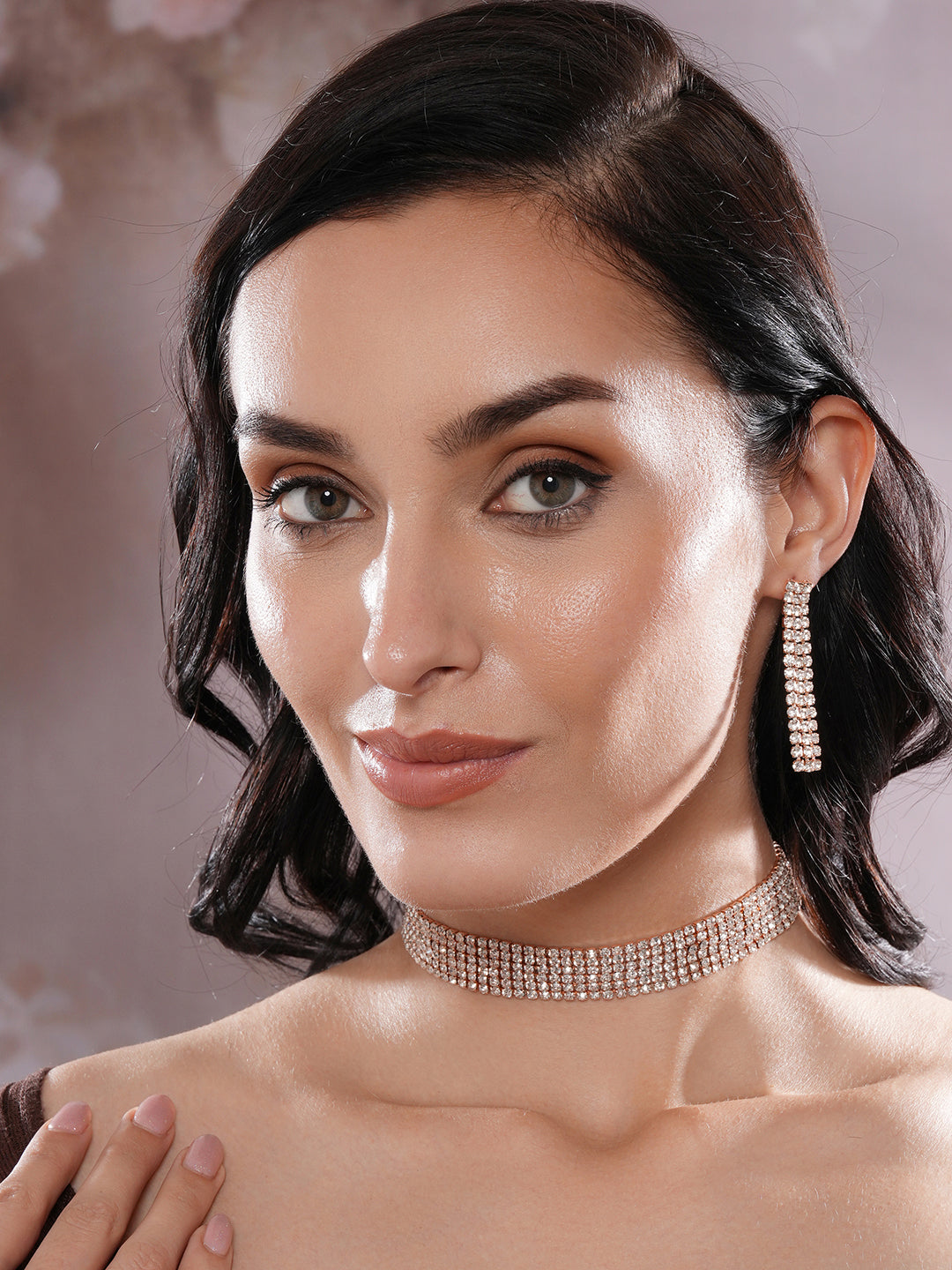 Jazz And Sizzle RoseGold Plated Crystal& Zirconia Studded MultiStrand Jewellery Set