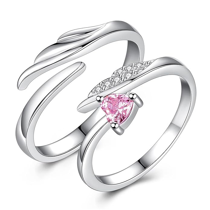 Jazz And Sizzle Set of 2 Silver Plated Pink Heart AD Studded Adjustable Couple Ring for Valentines Gift