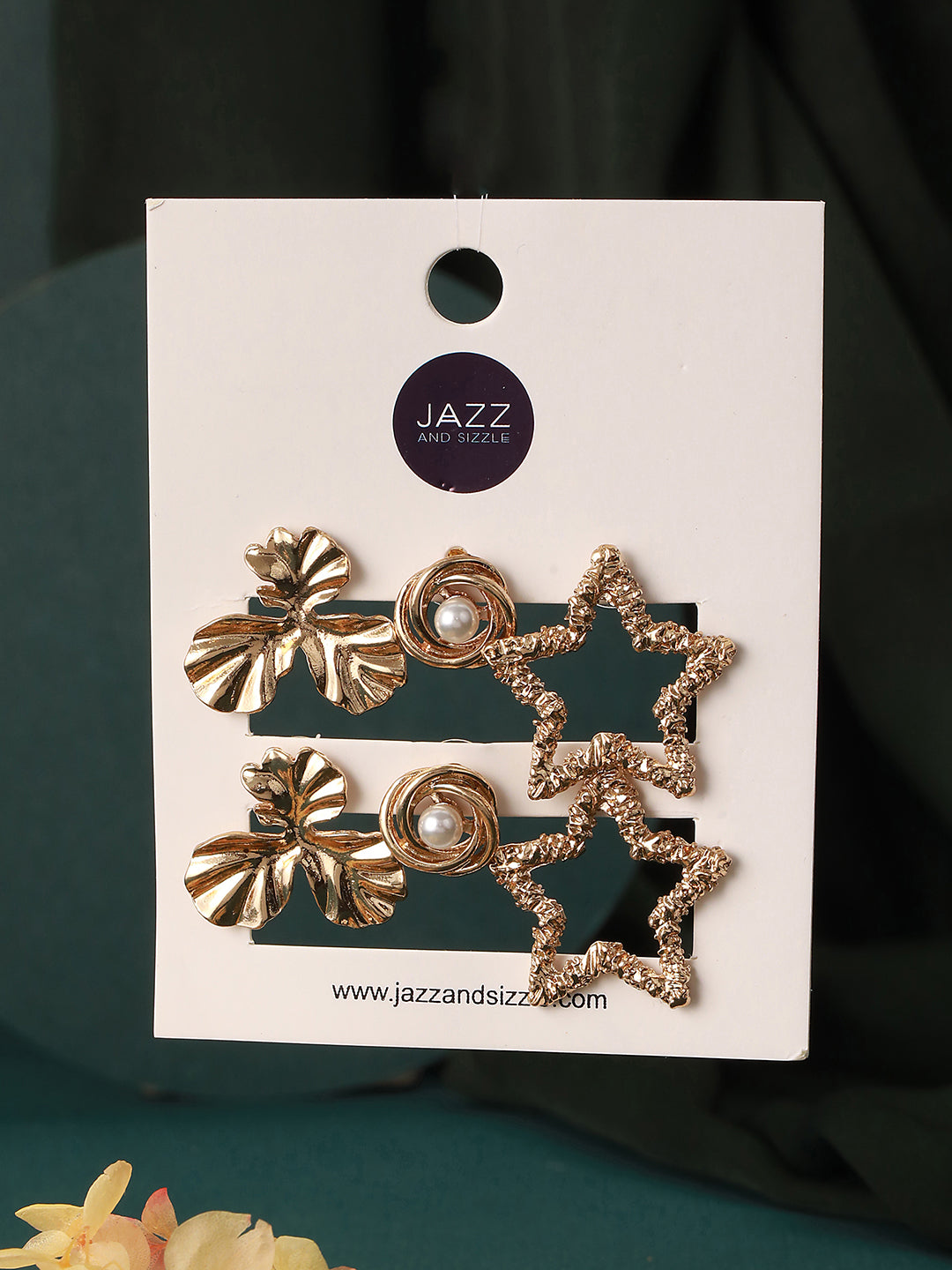 Set of 3 Gold Plated Star & Floral Shaped Stud Earrings - Jazzandsizzle