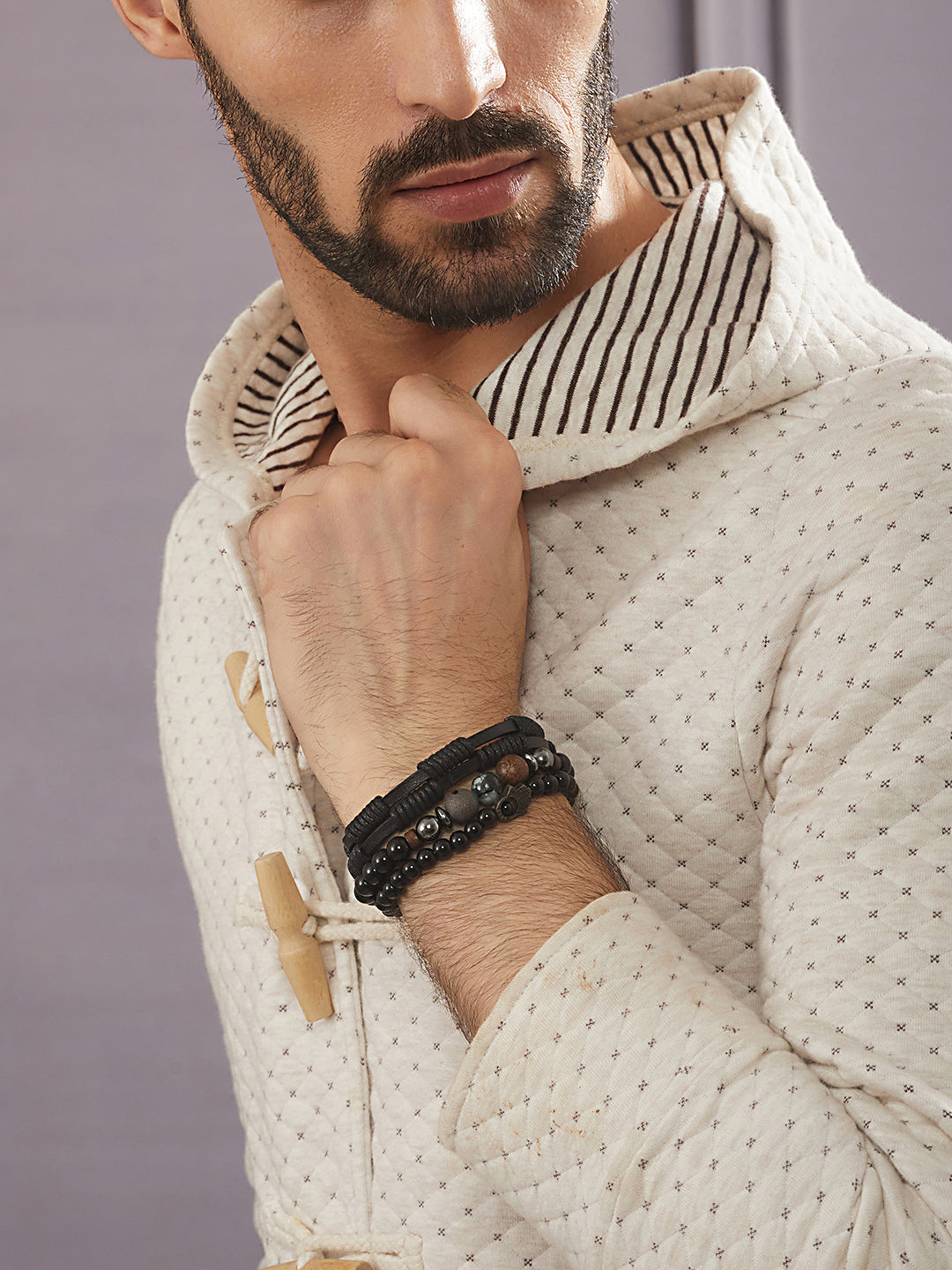 Jazz And Sizzle Men Set of 3 Black Elasticated & Handcrafted Wraparound Bracelets