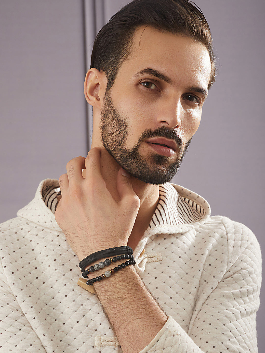 Jazz And Sizzle Men Set of 3 Brown and Black Elasticated Semi Precious Beaded Bracelet