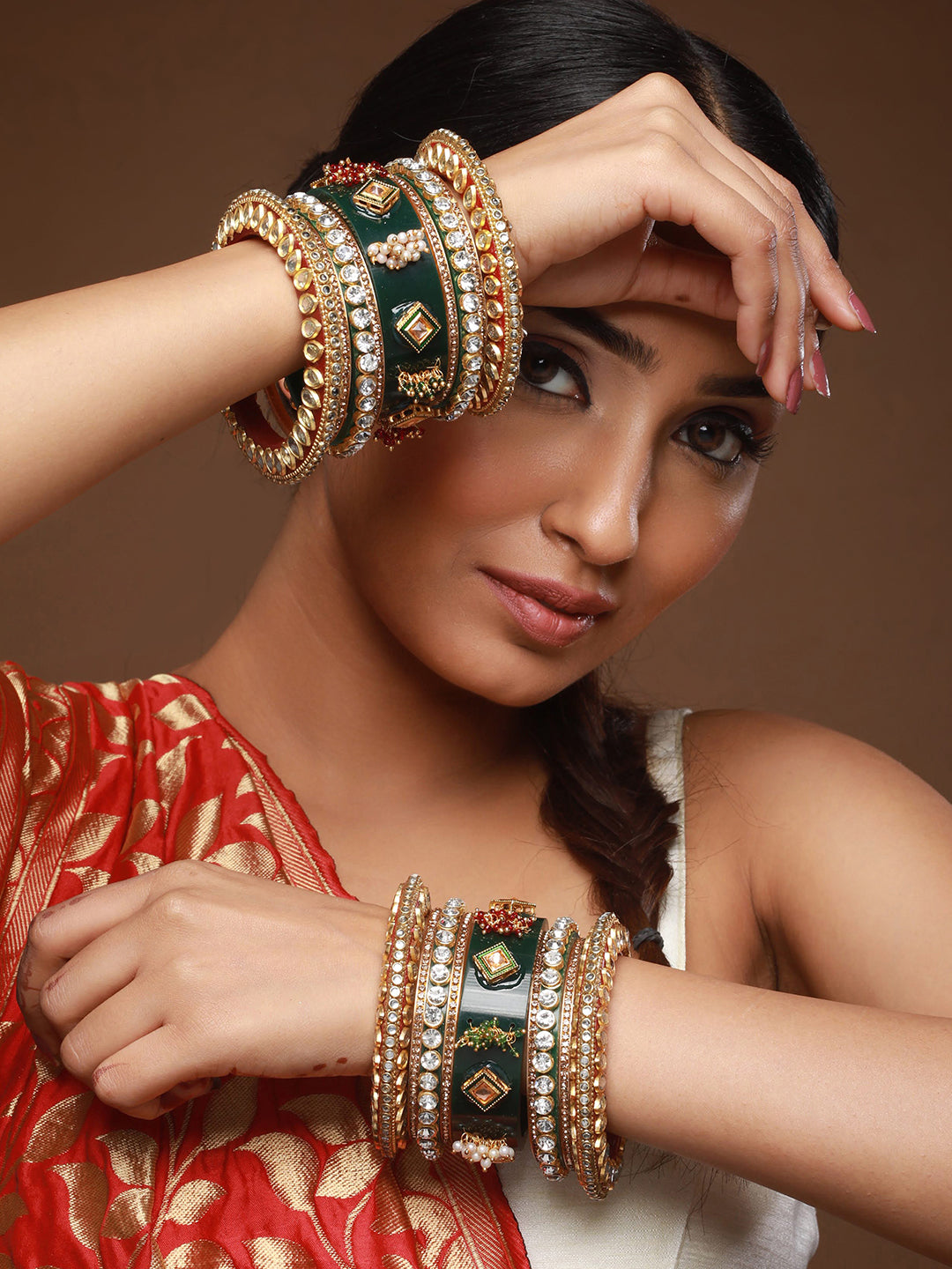 Set of 18 Gold-Plated Stone-Studded & Beaded Green Chuda Bangles - Jazzandsizzle