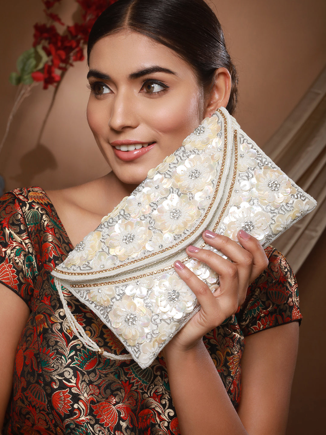 Jazz And Sizzle off White Sequin Work Beaded Clutch Bag