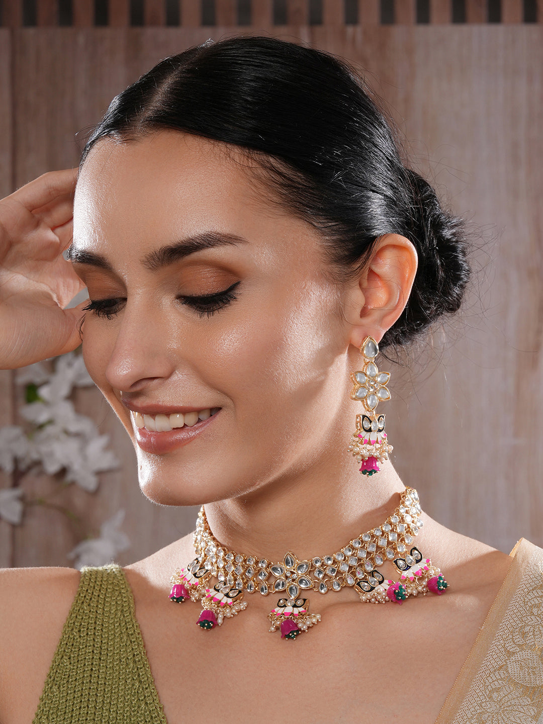 Jazz And Sizzle Gold-Plated Kundan-Studded & Black & Red Minakari Necklace & Earrings Set