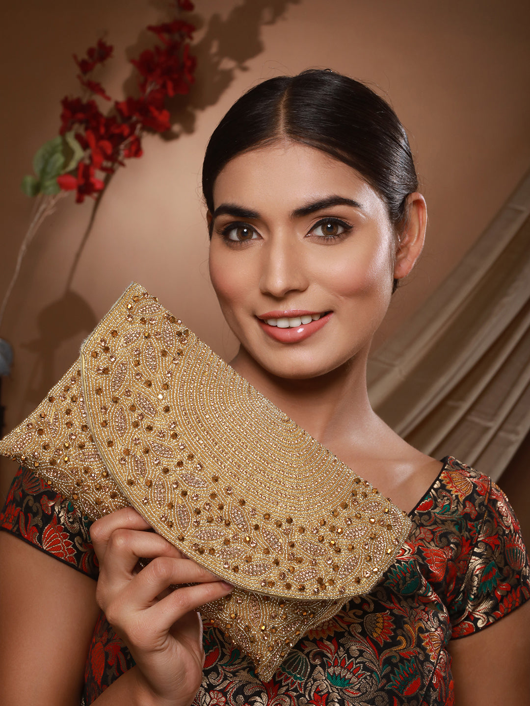 Jazz And Sizzle Golden Sequin Work Beaded Clutch Bag