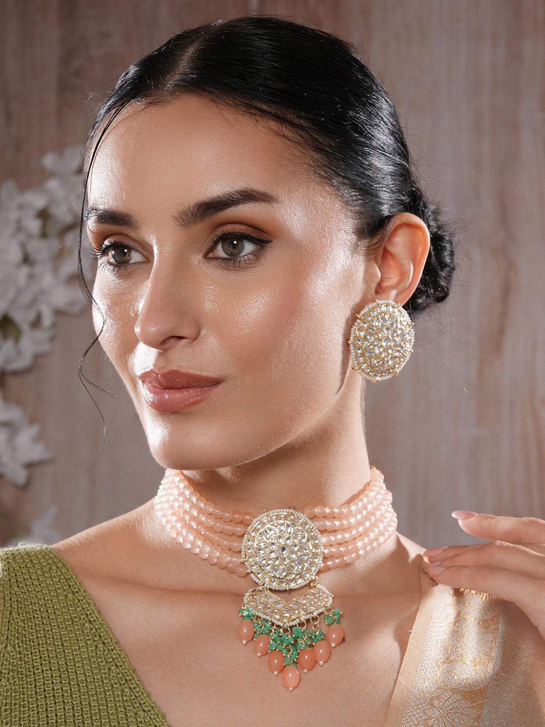 Jazz And Sizzle Gold-Plated Kundan-Studded & Beaded Necklace & Earrings Set