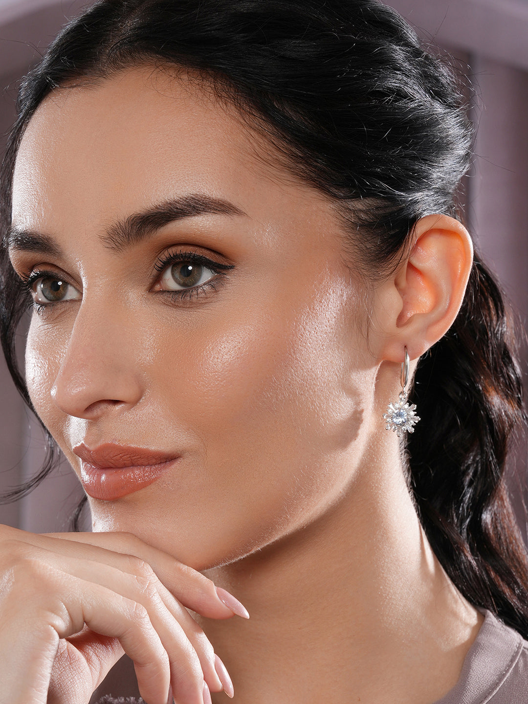 Jazz And Sizzle Rhodium Plated Floral Shaped Drop Earrings