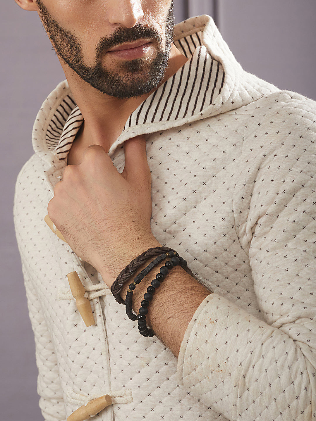 Jazz And Sizzle Men Set of 3 Brown Beads Elasticated & Handcrafted Bracelet