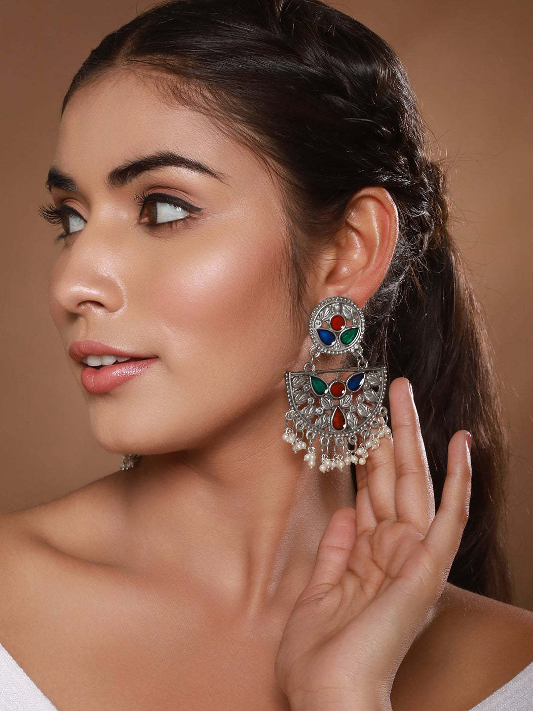 Jazz And Sizzle Silver-Plated Multicolored Enameled & Beaded Chandbali Earrings