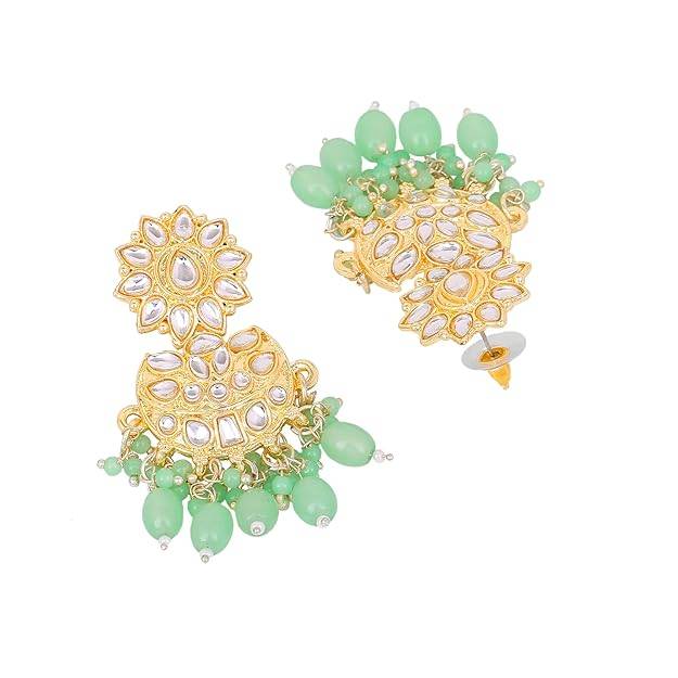 Gold Plated Kundan Studded & Mint Green Beads Drop Earrings