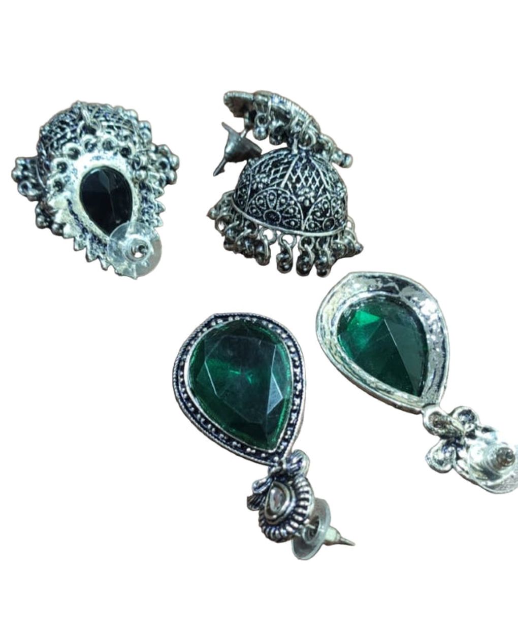 Jazz And Sizzle Set of 2 Silver Plated Emarald Stone Studded Tear Drop Earrings & Black Stone Studded Jhumka Earrings