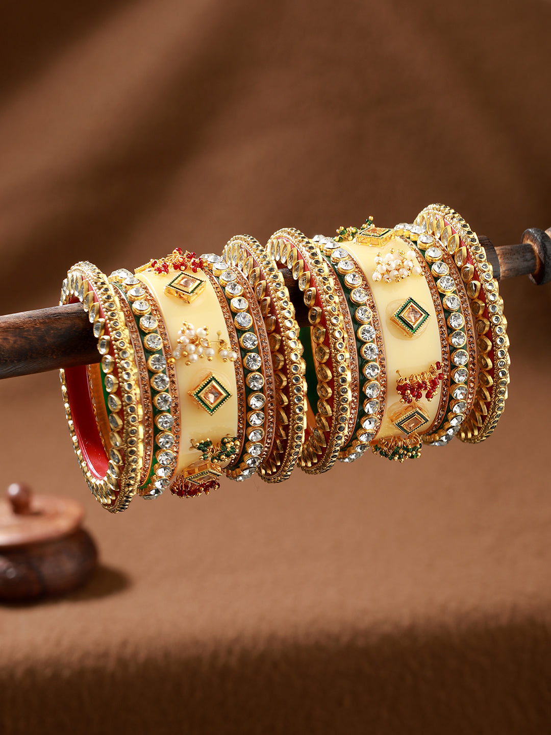 Set Of 18 Gold Plated Stones & Beads-Studded Bangle Set - Jazzandsizzle