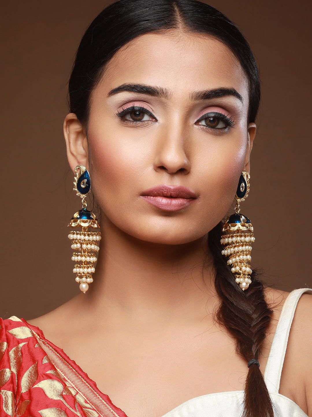 Blue Gold-Plated Kundan-Studded & Meenakari Jhumkas Earrings - Jazzandsizzle